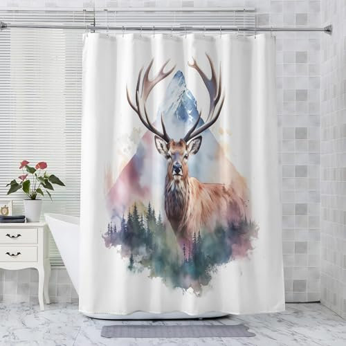 Rideau de Douche Cerf Forêt de Pins Neige Montagne Rideaux de Douche Tissu Polyester Anti Moisissure Imperméable Lavable Machine Rideau Baignoire 150x180 avec 12 Crochets Plastique A&HKLG388