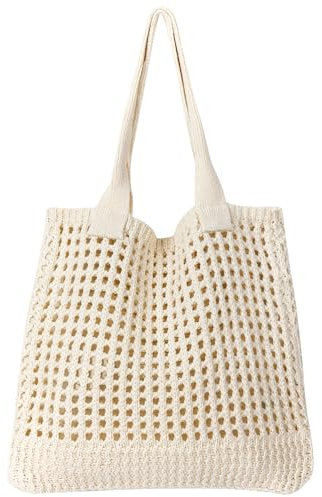 Ausing Handtasche Gestrickte Tasche Shopper Strandtaschen für Damen Handgewebt Leicht Weiß