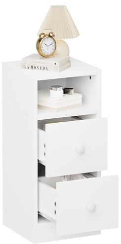 TactFire Nachttisch, Kommode mit 2 Schubladen, Konsolentisch Schmal mit 1 offenem Fach, Nachtschrank Boxspringbett Weiß 25 x 30 x 60 cm (1, Weiß)