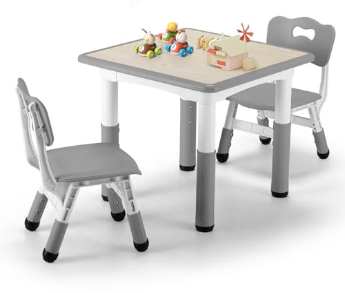 Playpals Kindertisch mit 2 Stühlen Set für Kinder von 2 bis 10 Jahren | Tisch Stuhl höhenverstellbar, 60 x 60 cm Graffiti-Tischplatte, drehbare rutschfeste Fußpolster, abgerundete Ecken