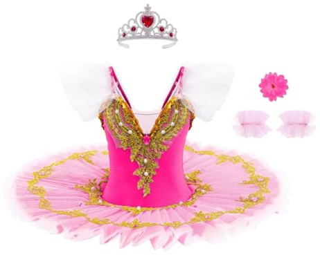Lito Angels Déguisement Robe Tutu Ballerine Strass Fille, 3-12 ans | Appliqués dorés et strass, fines bretelles, manches papillon, tutu multicouche, ballet, spectacle, anniversaire