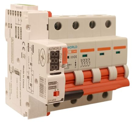 Interrupteur magnétothermique triphasé avec réarmement automatique, courbe D 63A, 4P 10kA 380V, 5 modules DIN, 3 tentatives (10s/60s/300s)