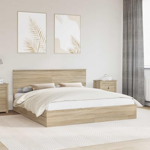 QUAHEAS Sonoma-Eiche Stauraumbett 180x200cm, Modernes Bettgestell aus Holzwerkstoff mit integrierten Schubladen, Langlebiges Plattformbett mit Kopfteil für Schlafzimmer