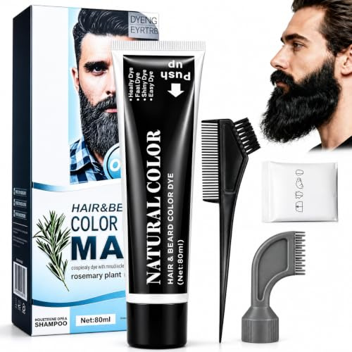 80ml Tinte Barba Hombre,Tinte Para Barba Y Bigote,Definición De Contorno Y Color Homogéneo,Cubre Canas Para Bigote Y Vello Facial,Para Uso Diario En Casa,Para apariencia Masculina(Negro)