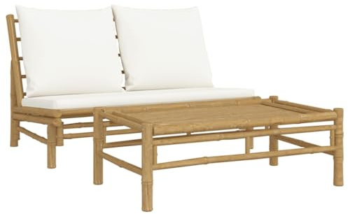 VIHHQGC Salon de jardin en bambou 2 pièces avec coussins blanc crème pour l'extérieur avec dossier