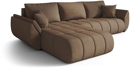 CORNERO Sydney Premium Ecksofa L-Form mit Schlaffunktion und Bettkasten – Couch L-Form fürs Wohnzimmer 3-Sitzer 280 cm x 185 cm x 85 cm (Braun, Ottomane Links)