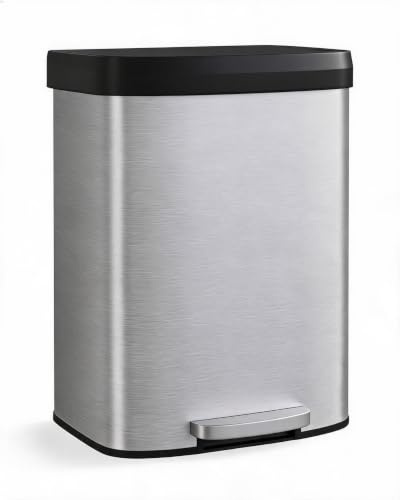 Acekool Grand capacité 60L/16 gallons – Poubelle de cuisine inox – Couvercle plastique soft-close, ouverture à pédale, rebord sac, poignée arrière, anti-empreintes – Couleur : acier inoxydable