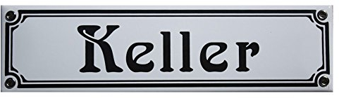 Keller Emaille Schild 8 x 30 cm Jugendstil Emailschild weiß.
