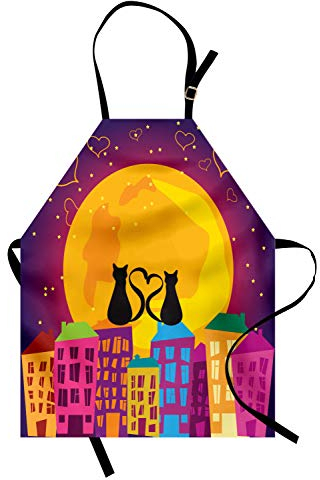 ABAKUHAUS Tier Kochschürze, Katzen Auf Dem Dach Mit Heart Shaped Tales Watching Das Mondlicht In Der Nacht Der Stadt, Höhenverstellbar Klare Farben ohne verblassen, Violett Orange