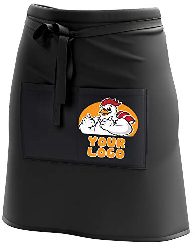 Ferocity Kurze Personalisierte Schürze Kellnerschürze Vorbinder mit Buntem Namen Firmenlogo personalisiert mit Taschen für Bistro Restaurant, Schwarz mit Buntem Logo [074]