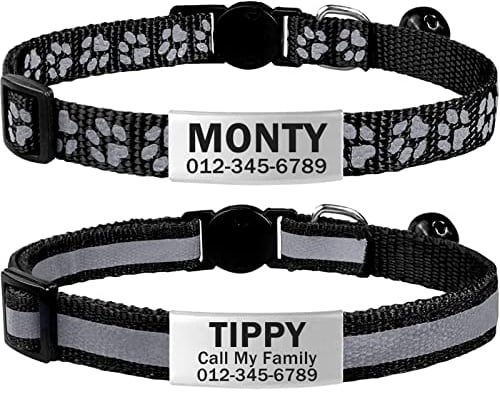 TagME 2er Pack Katzenhalsband mit Namen und Telefonnummer, Katzenhalsband mit Sicherheitsverschluss und glöckchen, 18-31 cm für Katzen, Schwarz