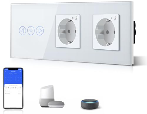 BSEED WiFi Smart Alexa Dimmer Lichtschalter mit Doppelt Steckdose, Kompatibel mit Google Home Tuya, Glas Touchscreen-schalter Wlan Lichtschalter (Neutrale Leitung Benötigt) 1 Fach mit Steckdose Weiß