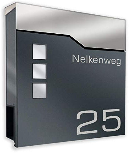Zalafino Briefkasten anthrazit RAL 7016 mit Beschriftung - individualisierbarer Design-Briefkasten aus pulverbeschichtetem Stahl mit Zeitungsrolle und 3 Sichtfeldern