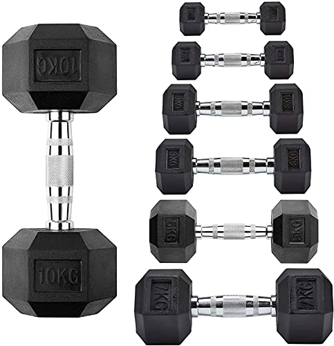 Anchor's Hex Dumbbells – Rubber Encased Hexagonal Cast Iron Dumbbell Weights – Heavy Duty Rubber Commercial Dumbbell, Weight Sets for Weight Training, Knurled Chrome Handle (15 KG, Single)