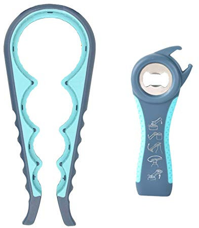 Multifunktionaler Flaschenöffner für Bier und Küche, 5-in-1 Hand-Dosenöffner, Flaschenöffner, manuell, für ältere Frauen, kleine Hände, 2 Stück (Blau + Grau)