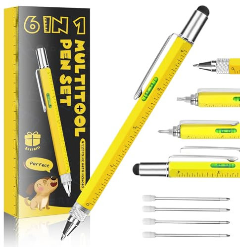 Novelty Gifts 6 in 1 Pens for Men, Multi Tools Pen EDC Unique Gadget as Christmas, Valetentine's Day, Father' Day, Birthday Pens Gifts for Dad, Boyfriends (Yellow)