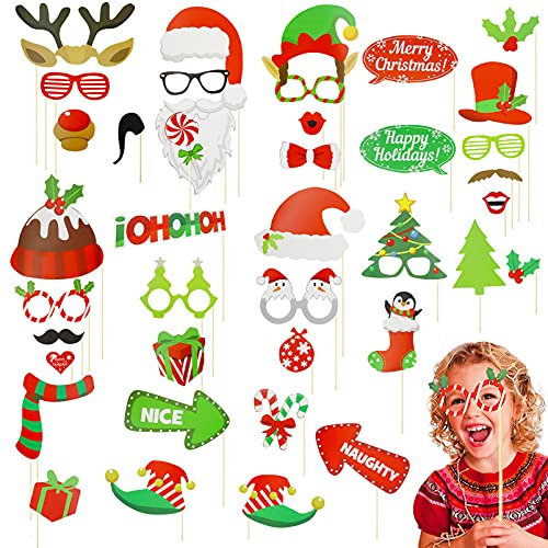 40PCS Weihnachten Foto Requisiten,Weihnachten Photo Requisiten, Weihnachten Photo Booth Requisiten,Xmas Party Photo Supplies, Kreative Weihnachtsrequisiten,Photo Booth Selfie Rahmen Requisiten Set
