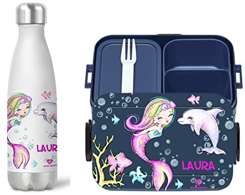 wolga-kreativ Personalisiertes Set Mepal Brotdose und Trinkflasche Meerjungfrau Delfin für Mädchen - Bento Lunchbox mit Fächern und Unterteilung Geschenk Schule Kindergarten