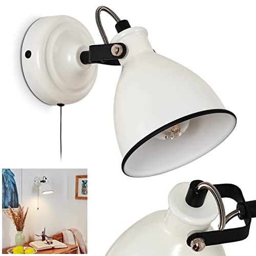 Wandleuchte Selki, moderne Wandlampe aus Metall in Weiß matt/Schwarz mit verstellbarem Strahler, Leuchte im Retro/Vintage-Design mit Zugschnur am Gehäuse, 1-flammig, 1 x E14, ohne Leuchtmittel
