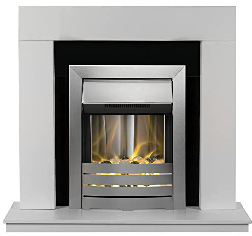 Adam Malmo Fireplace in White & Black/White with Helios Electric Fire in Brushed Steel, 39 Inch