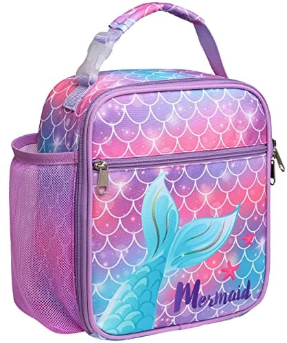 Bagseri Girls Lunch Bag - Insulated Lunch Bag for Kids, Portable Lunch Cooler Bag for School, with Bottle Holder, Water-Resistant Lining, Pink Purple Mermaid
