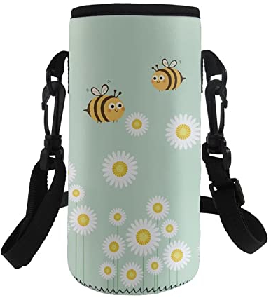 COEQINE Insulated Water Bottle Sling Holder Bag with Bees Daisy Pattern for Girls Women Hiking Travel Outdoor Walking Bottle Carrier Neoprene Water Bottle Holder Pouch Adjustable Shoulder Strap