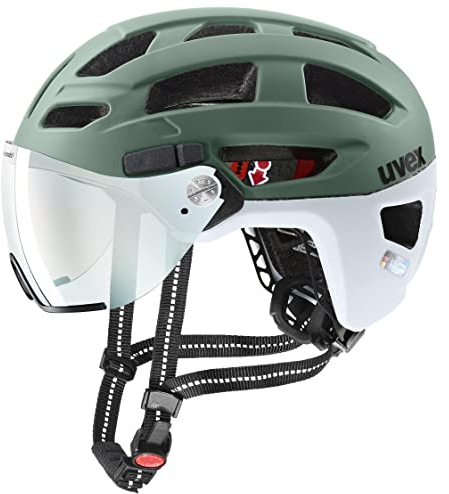 uvex finale visor V - sicherer City-Helm für Damen und Herren - mit Visier - inkl. LED-Licht - moss green-cloud matt - 56-61 cm