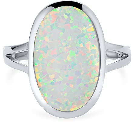 Bling Jewelry Boho Edelstein Irisierender Weißer Künstlicher Opal Großer Ovaler Gespaltener Schaft Statement-Ring Frauen Teen .925 Sterlingsilber Rhodium-Beschichtung Oktober-Geburtsstein