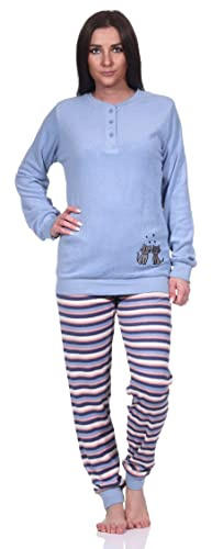 Normann Damen Frottee Pyjama, Schlafanzug Langarm mit süßem Katzen-Motiv