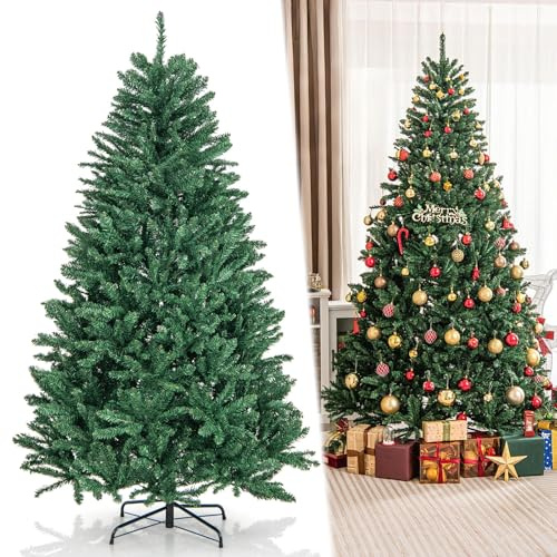 GYMAX Sapin de Noël Artificiel 180cm, 1355 Branches Touffus Réalistes, Arbre Décoratif de Noël en Matériau PVC, Installation 3 Sections, Support Métallique Pliable