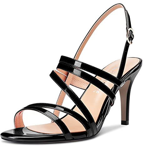 Castamere Donna Medio Tacco Heel Aperte sulla Punta Slingback Sandali Cinturino alla Caviglia Sexy da Matrimonio Feste 8.5 CM Heels Nero Verniciata 38 EU