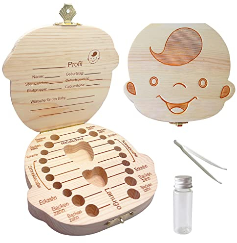 Sonfedo Milch Zähne Box, Zähne speichern Box für Kinder und Mädchen, Holz Speicher Baby Zähne Aufbewahrungsbox Geschenk, Deutsch Version (Junge)