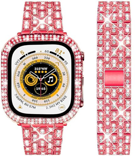 DEALELE Cinturino Compatibile con iWatch Ultra 49mm, Bracciale di Ricambio in Metallo Diamanti Strass con Custodia Protettiva per Apple Watch Series 8 Ultra, Rosso, 49mm
