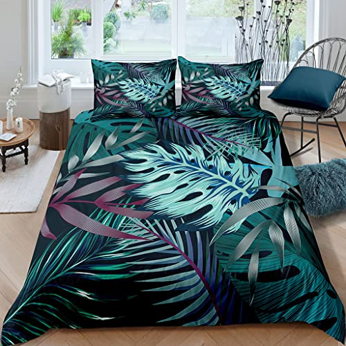 XPINGO Kinder Bettwäsche Palmblatt 155x220 cm 3teilig Jungen und Mädchen 100% Mikrofaser Sommer Weiche Winter Warm Bettbezüge 3D Tropisch Dschungel Bettbezug mit 2 Kissenbezüge 80x80 cm