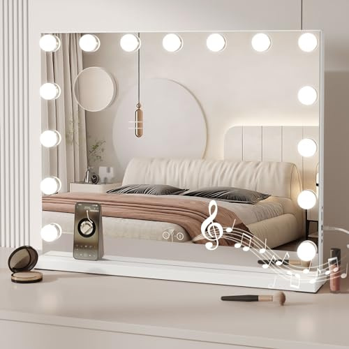 Dripex Miroir de Maquillage Bluetooth, 15 Ampoules, 58 x 45 cm - Blanc | Contrôle Tactile, Luminosité Réglable, Haut-parleur