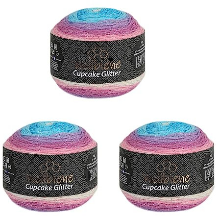 Cupcake Glitter Simli 3 x 150g Strickwolle 450 Gramm Wolle zum Stricken und Häkeln Babywolle türkische Wolle Farbverlaufswolle Glitzer (3000 hellblau rosa pastell)