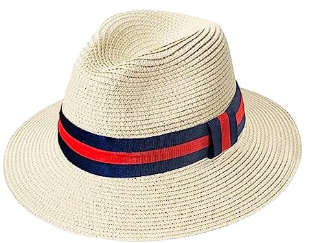 TOSKATOK Ladies Straw Panama Fedora Sun Hat with Contrast Band-Navy/RED