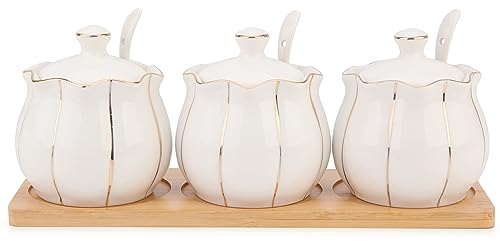 Chase Chic Set de pots à épices, Sucrier en céramique avec couvercle et cuillère pour la maison et la cuisine, Petite boîte à épices avec plateau en bois, Citrouille dorée, Set de 3 pièces