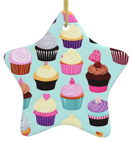 Mgqmz Cupcake-Muster, Weihnachtsschmuck, 7,6 cm, sternförmig, Keramik, zum Aufhängen, Weihnachtsbaumschmuck, Souvenir