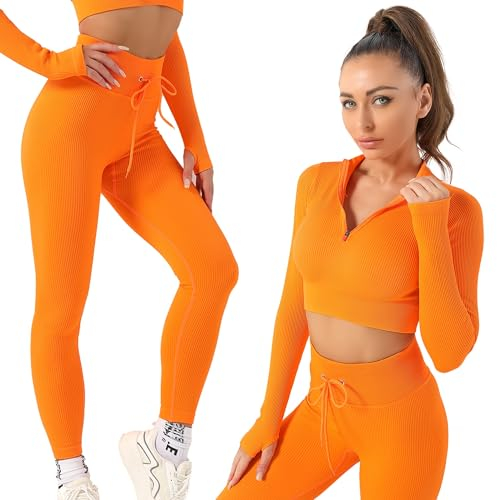 Active 100 Gym sets for women 2 piece zip up jacket Workout outfits, Cropped Top, Long Sleeve, Leggings Set for Running, Yoga, Gym, Sports Activity (Orange, M)