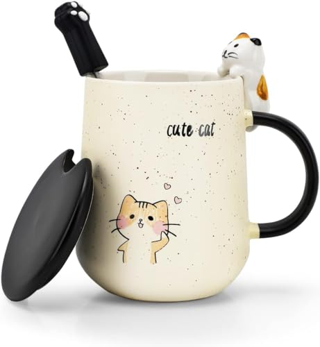 DASIAUTOEM Hermosa Taza de Cerámica de Gato, Taza de Café de Cerámica con Tapa, Cuchara de acero Inoxidable, Tazas de Gato, Taza Reutilizable para Té, Leche, Café, Viajes, Oficina, Mujeres, Regalo de