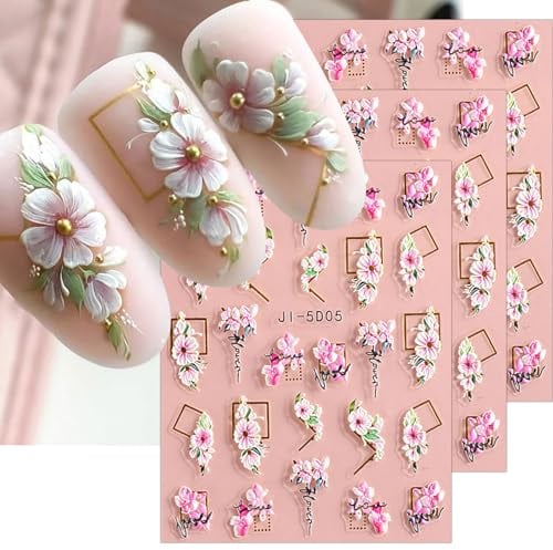 JMEOWIO 3D Embossed Flower Nail Art Stickers Decals Self-Adhesive 5D Spring Summer White Floral Sakura Line Nail Supplies Nail Art Design Decoration Accessories 3 Sheets