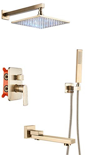 Badewannenarmaturen mit Duschkopf, Badezimmer-Wasserfall-Doppelgriff-Mischbatterie, Messing-Schwerkraftguss-Doppelloch-Badewannenarmatur, quadratisches Duscharmatur-Set, Chrom