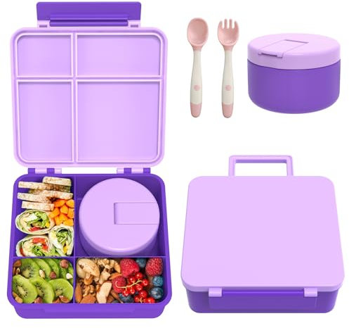 Itslife Lunch Box Kinder Set mit 300ml Thermobehälter für Essen, Auslaufsicher Brotdose Kinder mit 4 Fächern, Isolierte Lunchtasche, BPA-Freie Thermo Lunchbox Kinder, Schule, Ausflüge (Violett)