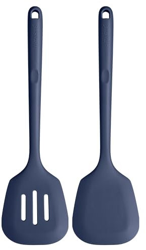 U-Taste 34.5 cm Extra Long Silicone Turners, 315℃ Heat Resistant Solid & Slotted Kitchen Spatula, Non Stick Flexible Rubber Cooking Flipper for Frying, Flipping Fish, Pancake (Midnight Blue, 2pcs)