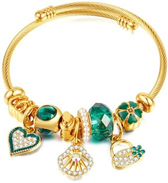 ATE Bettelarmband Vergoldeter Edelstahl Offenes Armband mit Beads und Charms Lebendiger Stil JWB214 (Muschel)