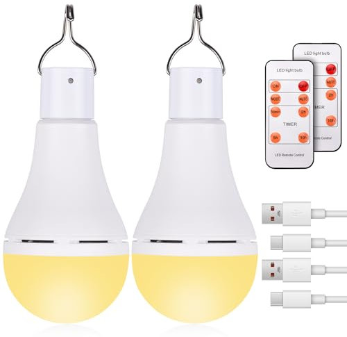 HONGNIX Wiederaufladbare LED-Glühbirne, USB Aufladbar, Warmweiß mit 5 Lichtmodi & Timer, Fernbedienung & Haken, Notlicht für Outdoor, Camping, Garten & Angeln, 2 Stück