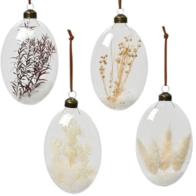 Kaemingk Weihnachtskugel Glas 13,5cm x 1 Stück gefüllt Trockenblumen Christbaumkugeln transparent Natur beige