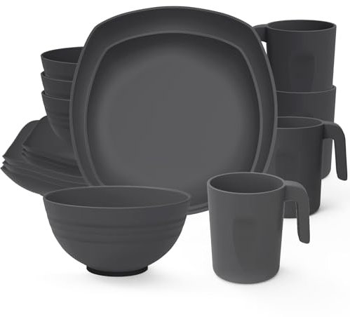 Purilit design Geschirrset 4 Personen 16-tlg - Hochwertiges Kunststoff Geschirr Set - Schüssel- und Teller und Tasse Set - Tafelservice 4 Personen - Service & Geschirrsets