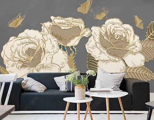 ZZBdTapete Papier Peint Panoramique Papillon Rose Doré Papier Peint Intissé 3D Tapisserie Poster Decoration Murale Chambre Salon 300X210 Cm
